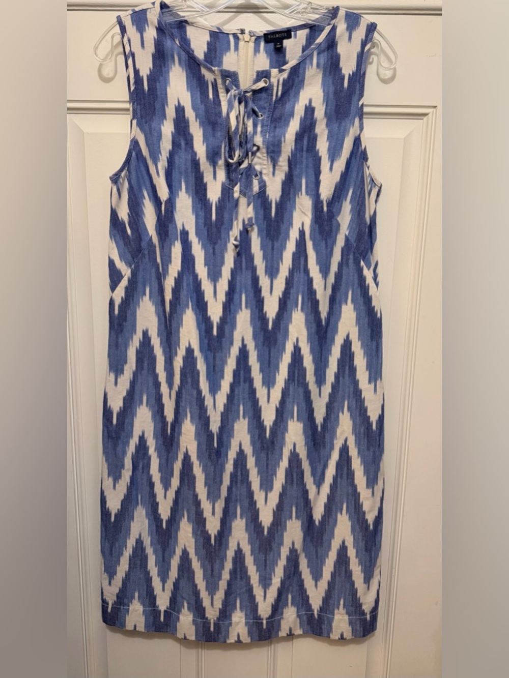 Talbots Blue and White Chevron Lace-Up Linen Cotton Dress
